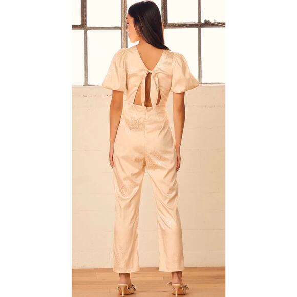 Lulus Time After Time Champagne Floral Jacquard Puff Sleeve Jumpsuit Size M - Picture 11 of 13